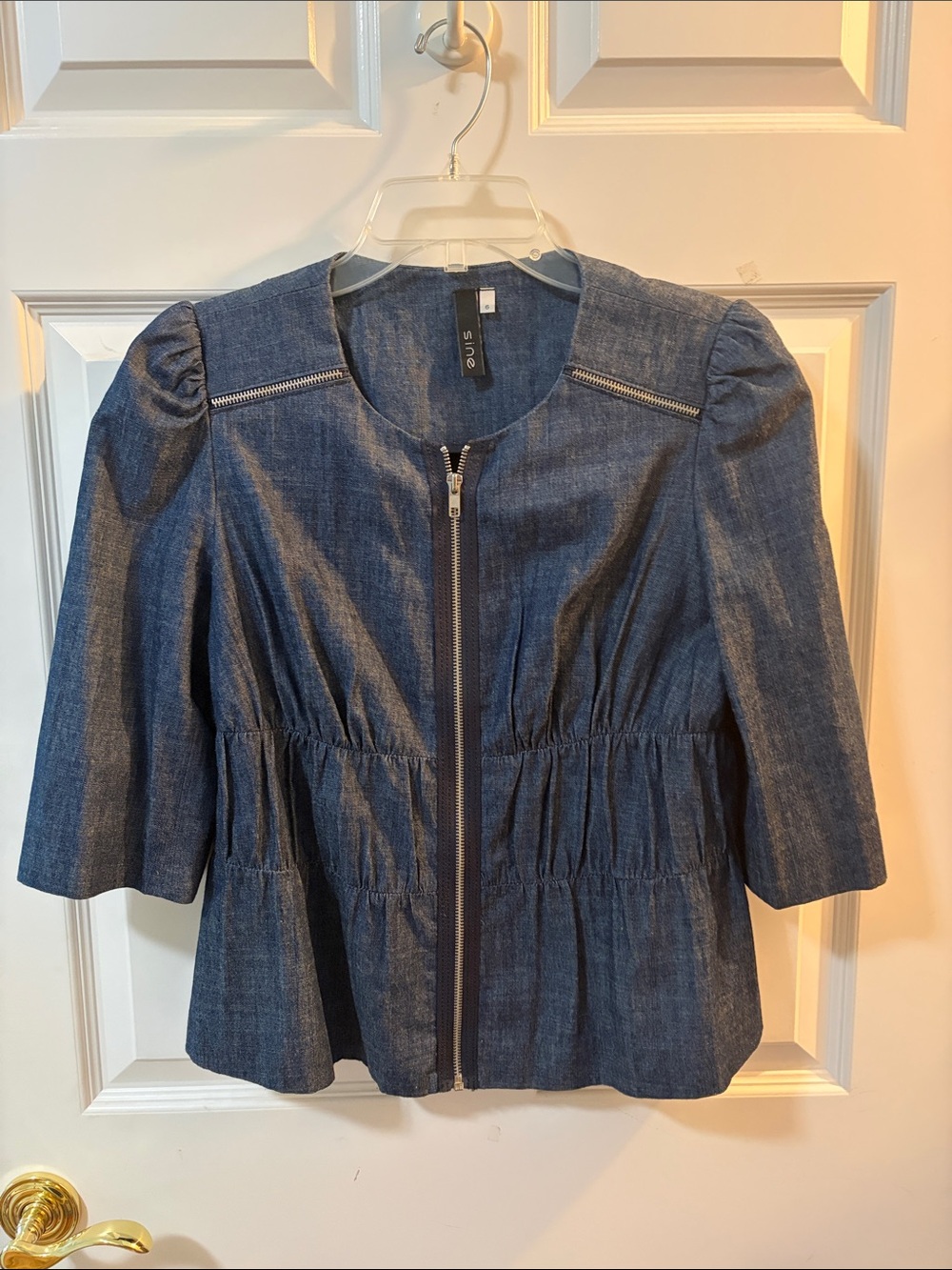 Sleek Dark Blue Denim Zip-Front Peplum Jacket